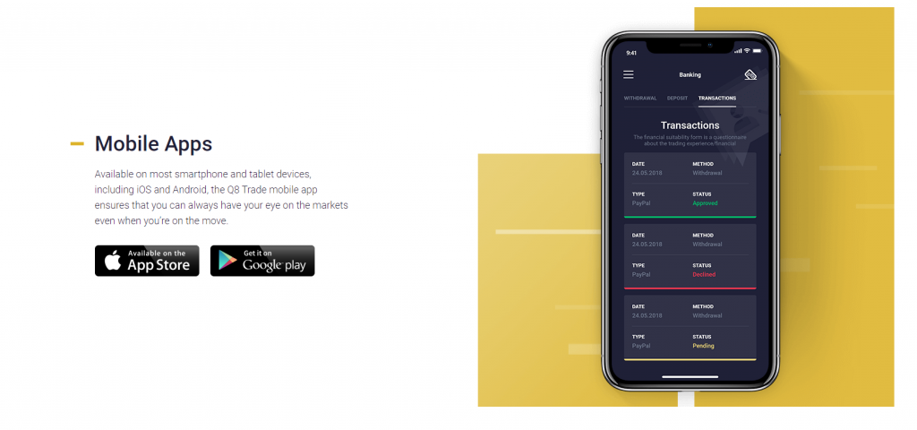 Trading Platform Q8 Trade offers access to a proprietary Web Trader platform that allows traders to trade wherever in the world they might be. The web-based trading software comes along with the Q8 Trade mobile app, available for free. When it comes to the Web Trader, it had been optimized so minimal clicking will ensure fast execution and user efficiency. Innovative trading tools, daily news, and technical analysis, as well as advanced risk management tools, had been integrated into the platform. At the same time, clients can contact customer support directly from the platform via the live chat feature. Alongside the proprietary software, Q8 Trade gives access to the popular MetaTrader 5, a multi-functional and multi-asset platform offering innovative analysis tools, customizable charts, and a user-friendly interface for optimal and enjoyable trading experience. Traders in the MENA region will benefit from one of the top trading software