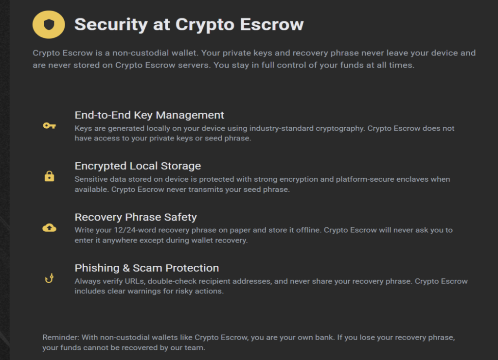 Crypto Escrow security page explaining local key management, encrypted storage and recovery phrase safety