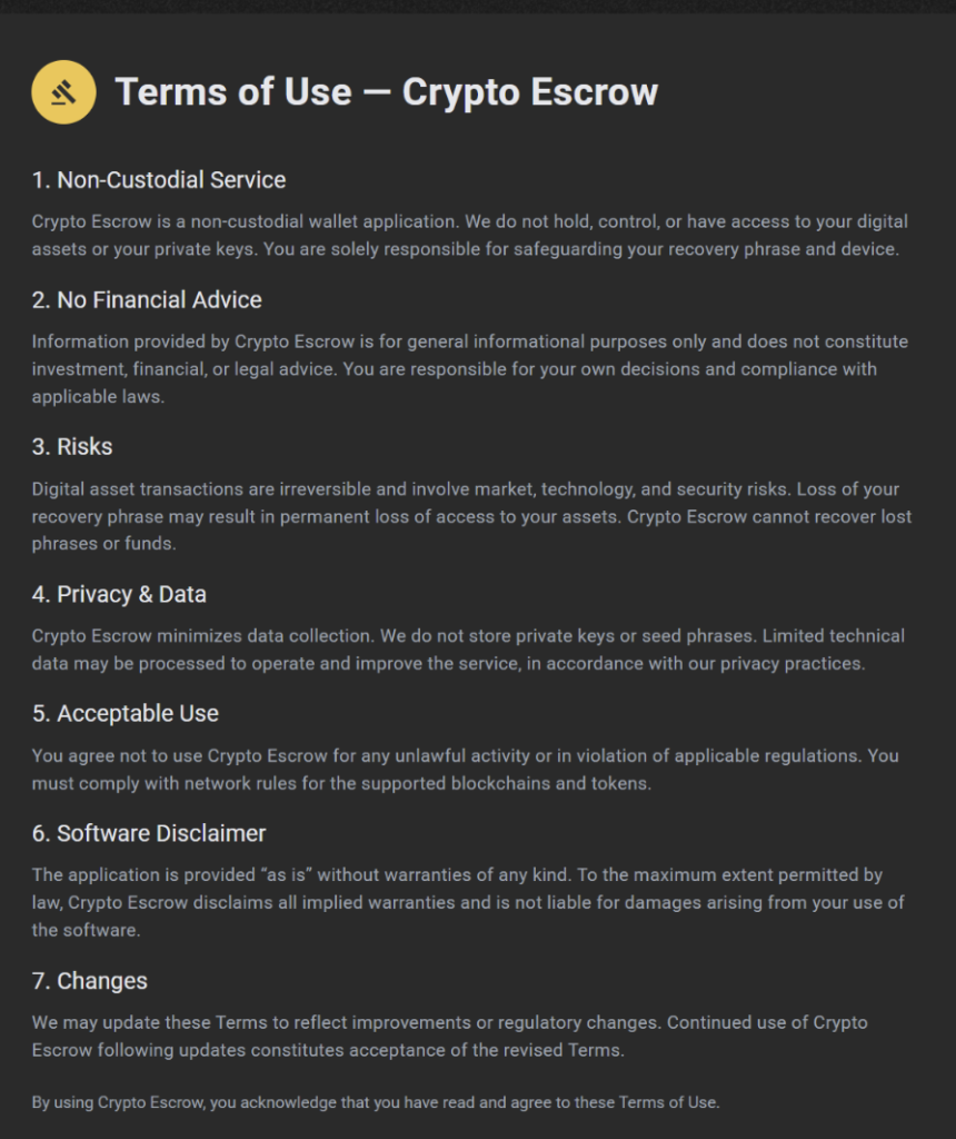 Crypto Escrow Terms of Use showing non-custodial service, risk and privacy information