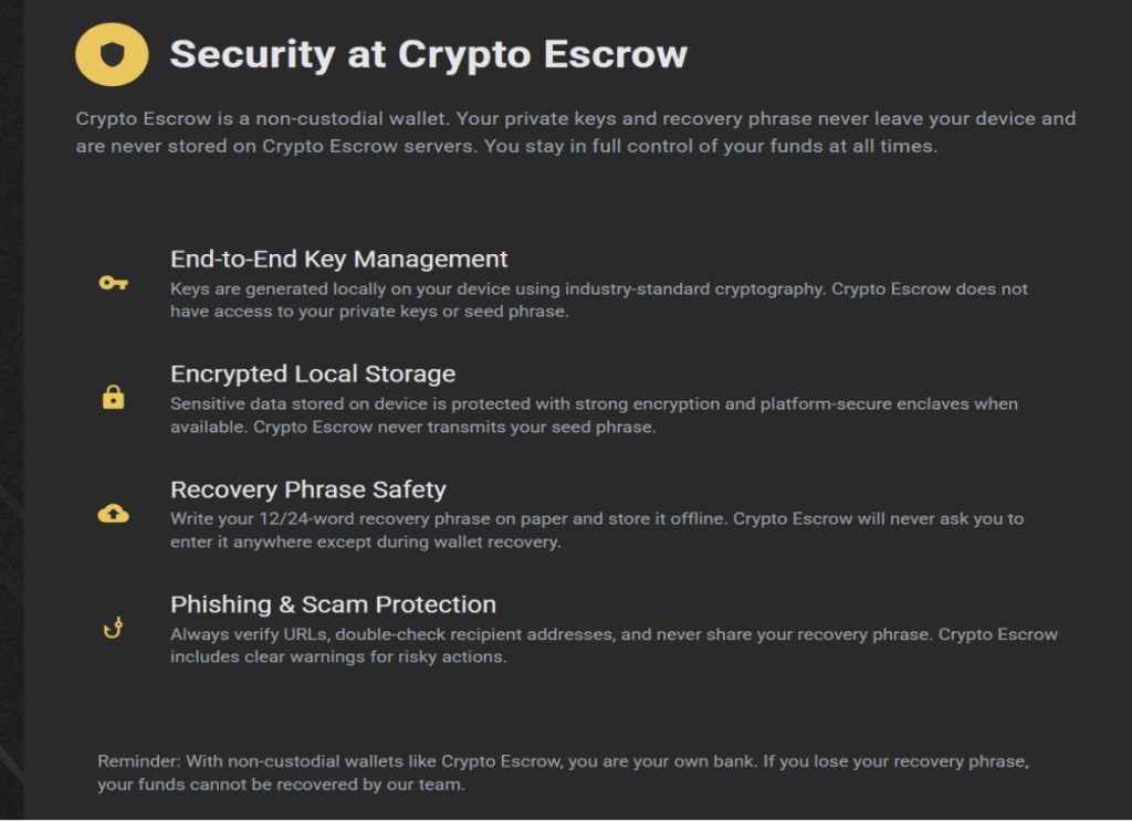 Crypto Escrow security page explaining local key management, encrypted storage and recovery phrase safety