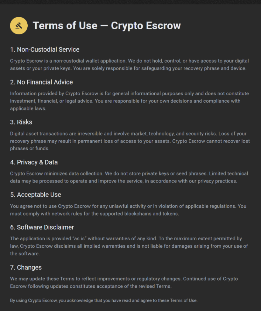 Crypto Escrow Terms of Use showing non-custodial service, risk and privacy information